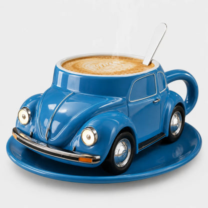 Josh & Tate - RetroRev™ Classic Car Mug - Blue car-shaped mug with a cup of coffee on a white background