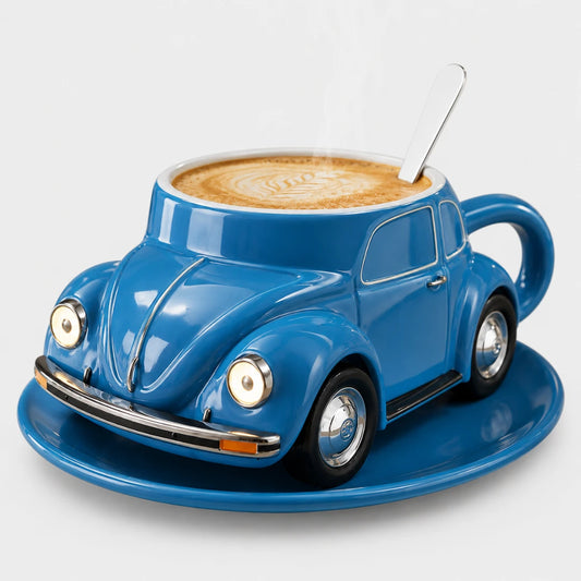 Josh & Tate - RetroRev™ Classic Car Mug - Blue car-shaped mug with a cup of coffee on a white background
