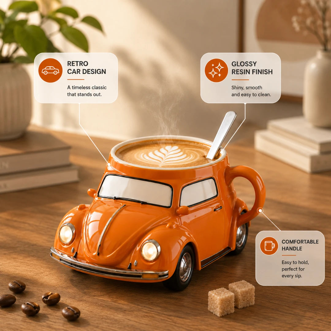 Josh & Tate - RetroRev™ Classic Car Mug - Orange car-shaped mug with a steaming cup of coffee on a wooden surface.