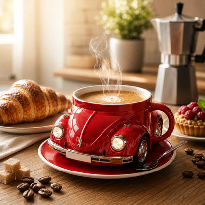 Josh & Tate - RetroRev™ Classic Car Mug - Red car-shaped mug with steaming coffee on a wooden table with croissant and berries.