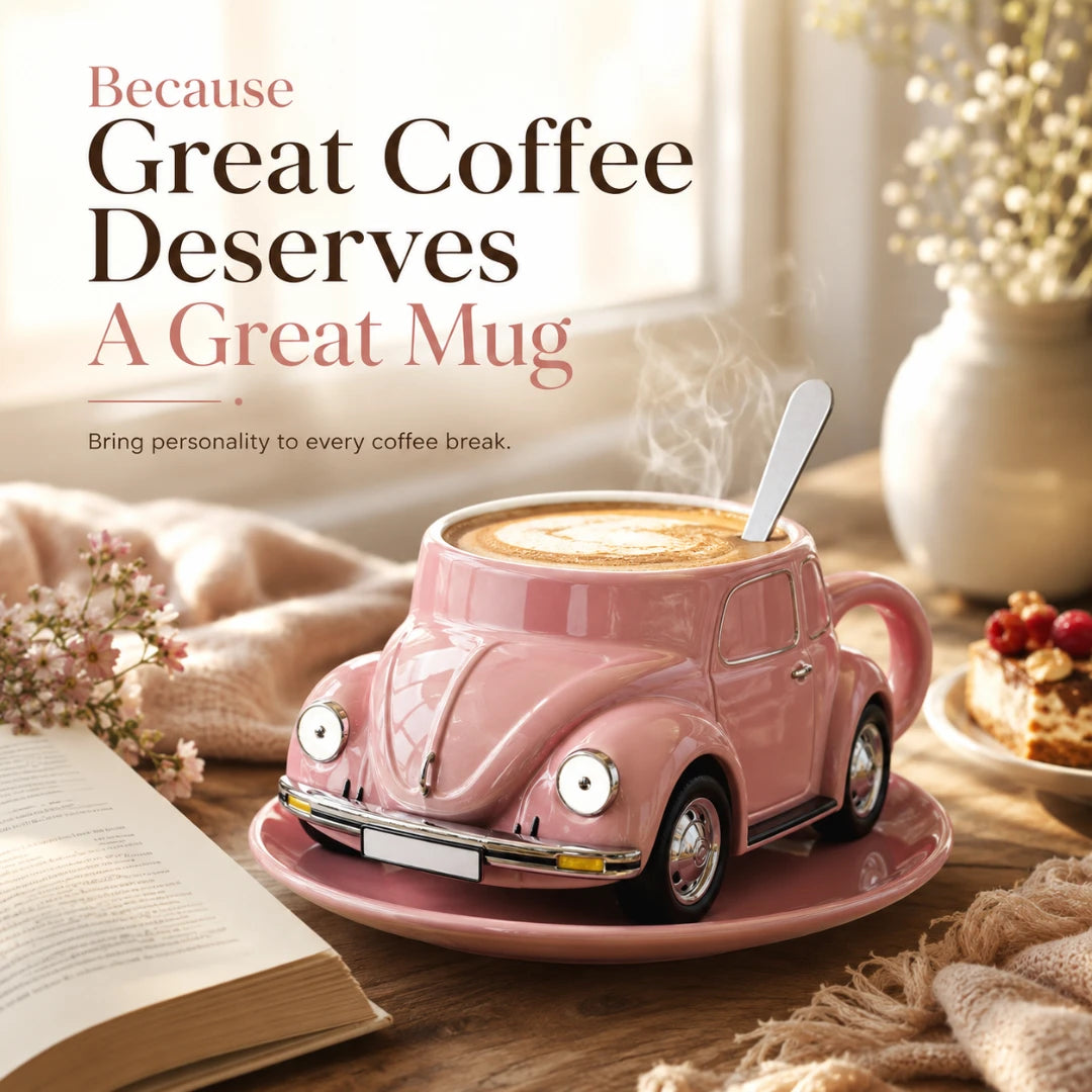 Josh & Tate - RetroRev™ Classic Car Mug - Pink car-shaped mug with steaming coffee on a wooden table, surrounded by cozy decor.