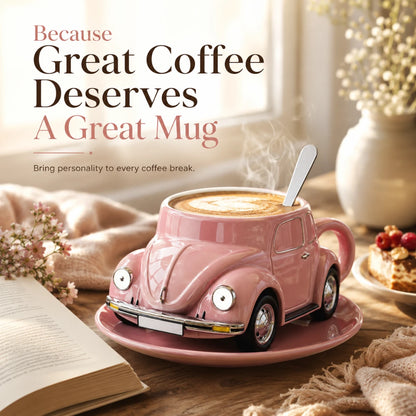 Josh & Tate - RetroRev™ Classic Car Mug - Pink car-shaped mug with steaming coffee on a wooden table, surrounded by cozy decor.