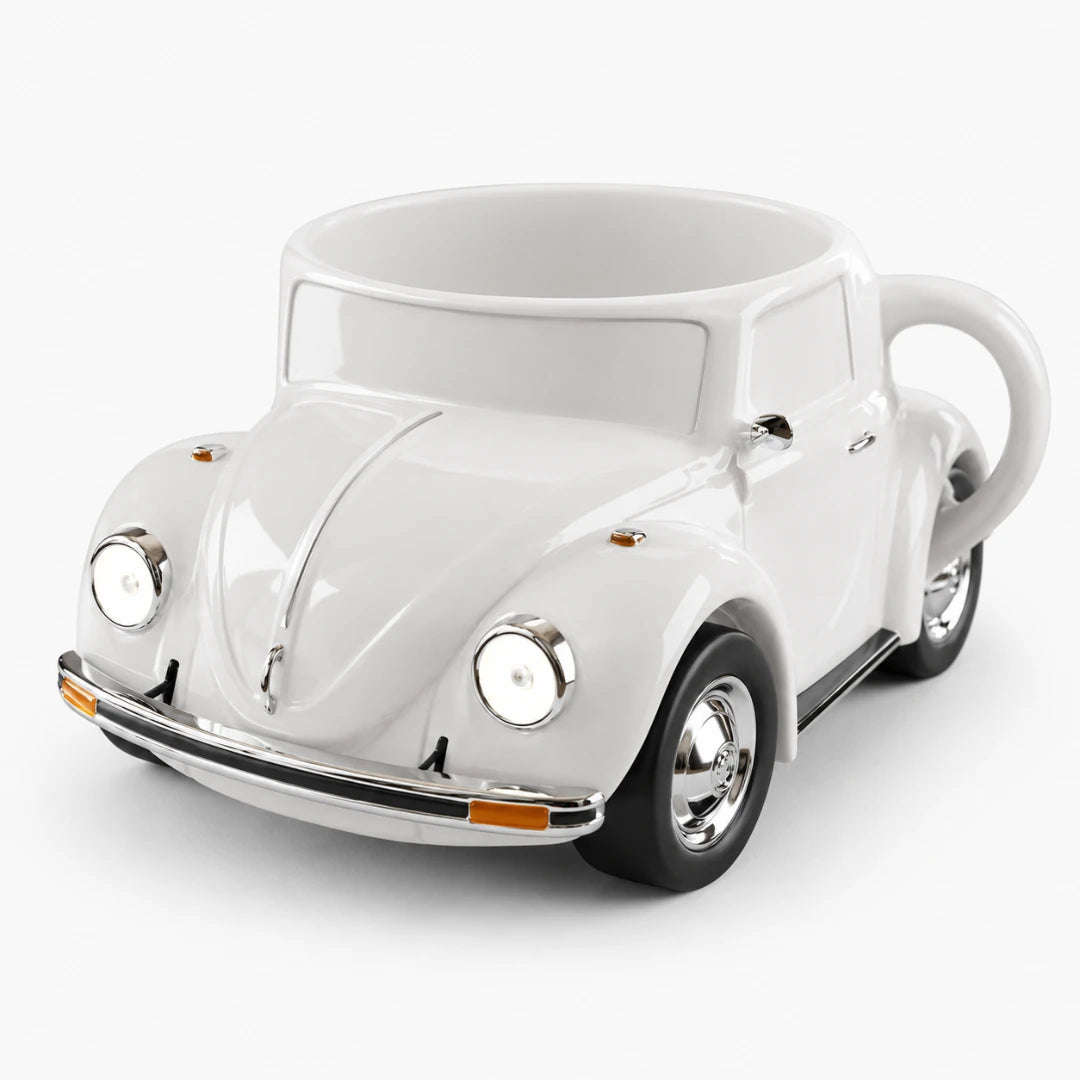Josh & Tate - RetroRev™ Classic Car Mug - White ceramic mug shaped like a vintage car on a white background