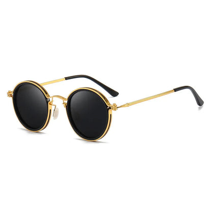 Gold-framed sunglasses with black lenses on a white background