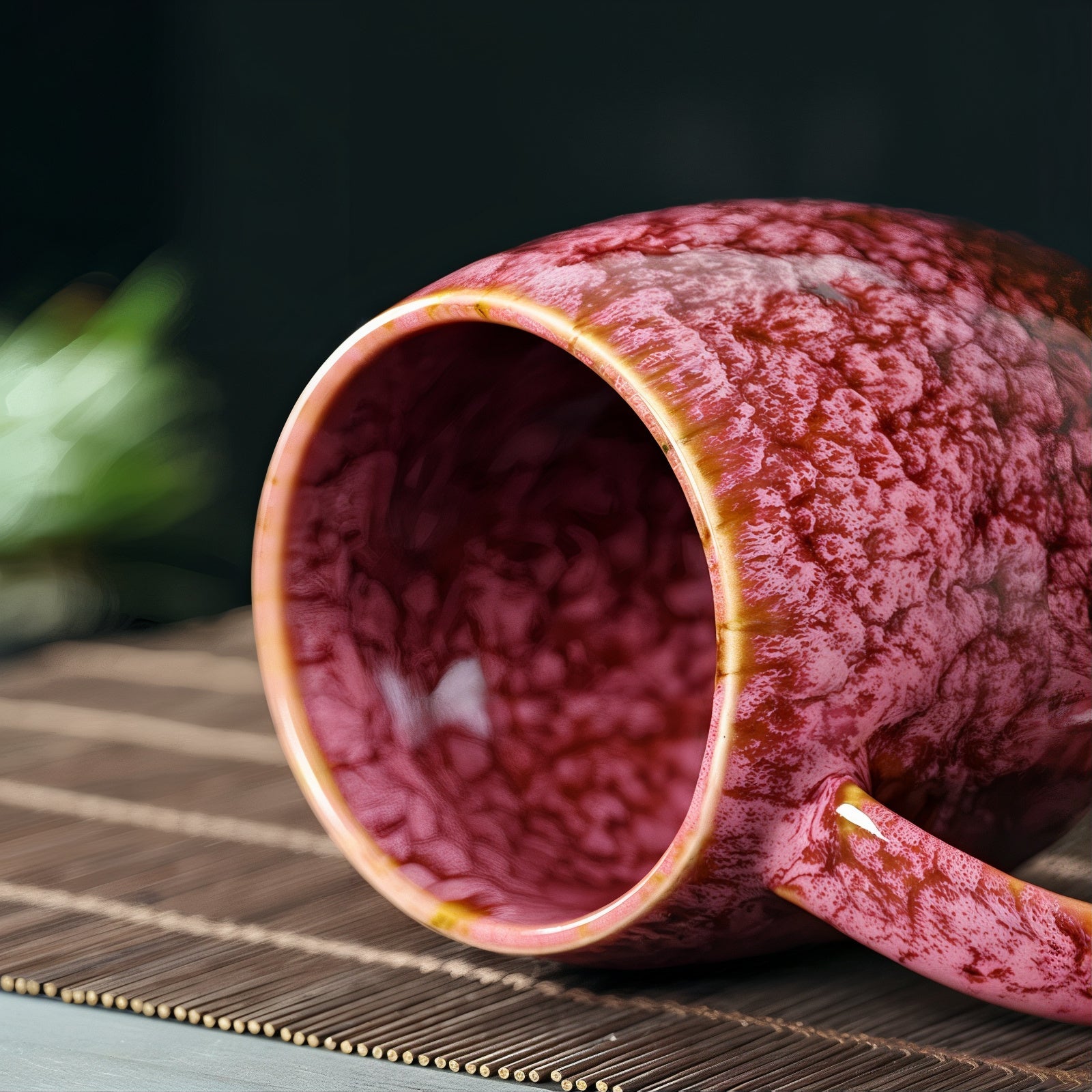 Red ceramic mug with textured surface on a woven mat