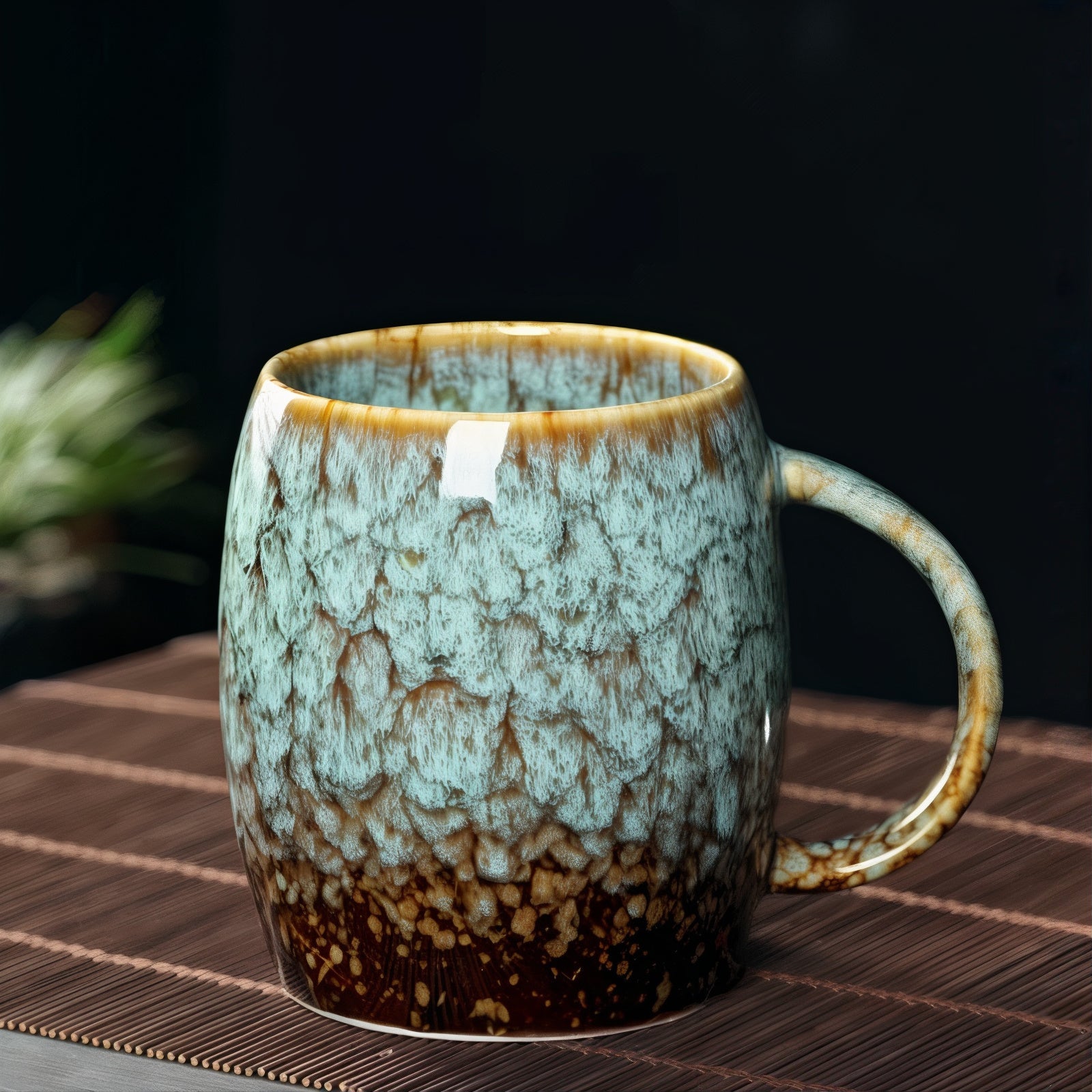 Ceramic mug with textured surface on a woven mat
