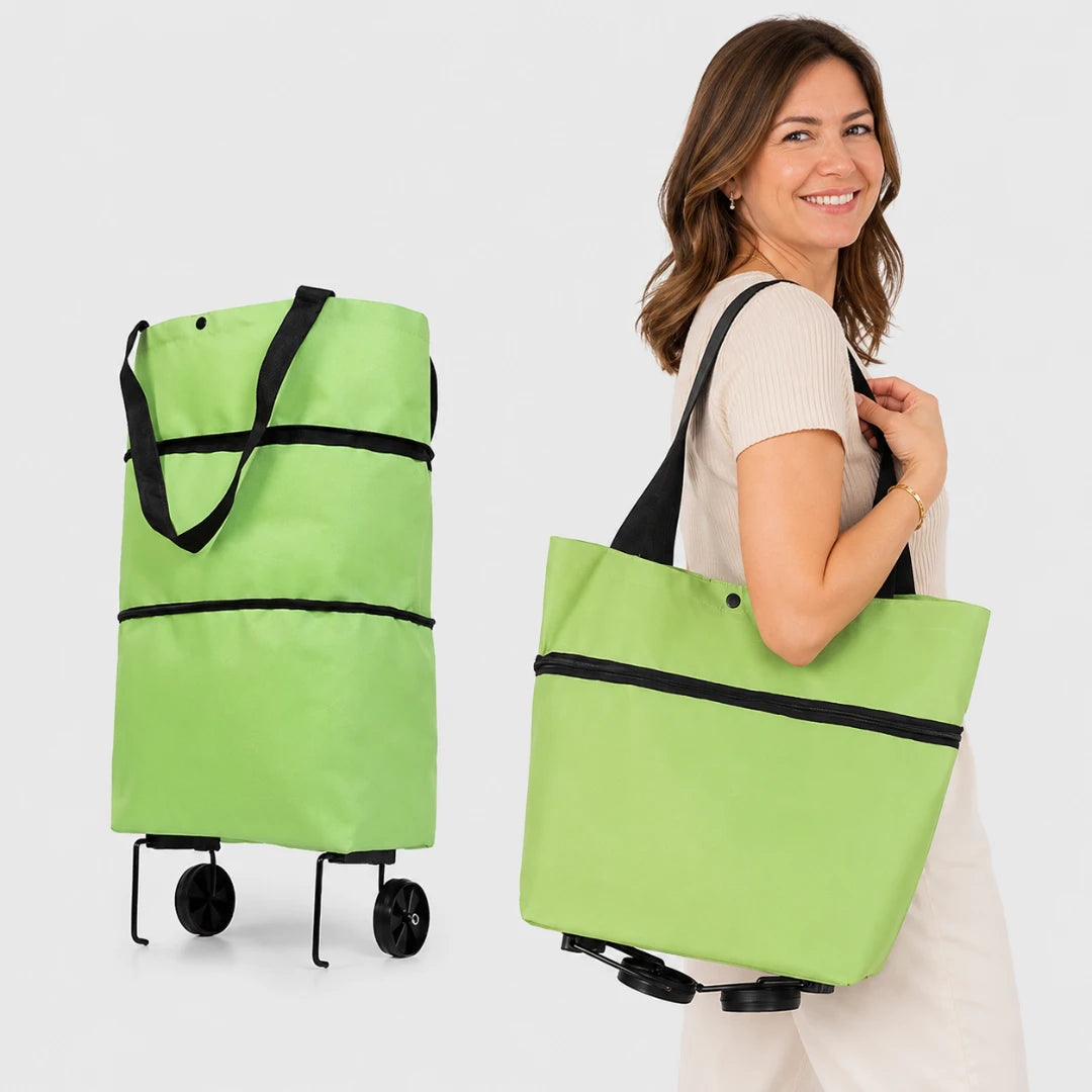 Josh & Tate - ReusableCart™ Foldable Shopping Bag - A woman holds a bright lime green wheeled shopping tote bag with black handles and trim, shown beside the same bag folded upright on a light gray studio background.