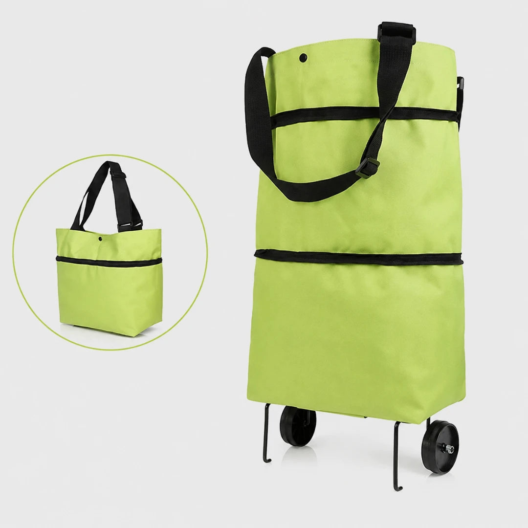 Josh & Tate - ReusableCart™ Foldable Shopping Bag - A bright lime green rolling shopping bag with black handles, black horizontal straps, and small black wheels, shown on a light gray background. A circular inset on the left shows the bag folded into a tote style with handles only.