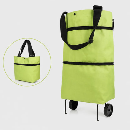 Josh & Tate - ReusableCart™ Foldable Shopping Bag - A bright lime green rolling shopping bag with black handles, black horizontal straps, and small black wheels, shown on a light gray background. A circular inset on the left shows the bag folded into a tote style with handles only.