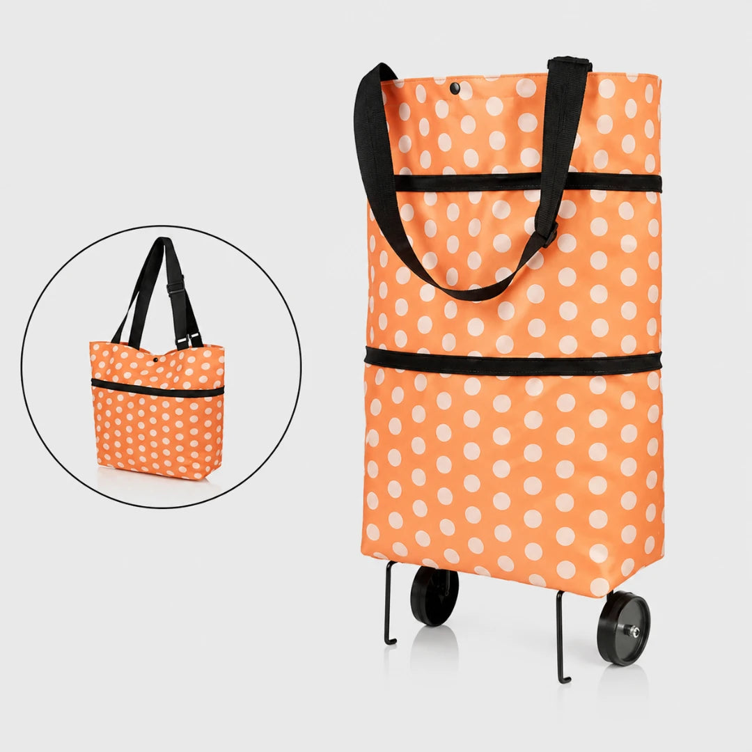 Josh & Tate - ReusableCart™ Foldable Shopping Bag - An orange and white polka dot wheeled shopping tote bag with black handles and trim, shown on a light gray background with a circular inset showing the bag folded flat.