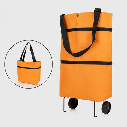 Josh & Tate - ReusableCart™ Foldable Shopping Bag - An orange collapsible shopping cart with black handles and wheels, shown on a light gray background with a circular inset of the folded version.