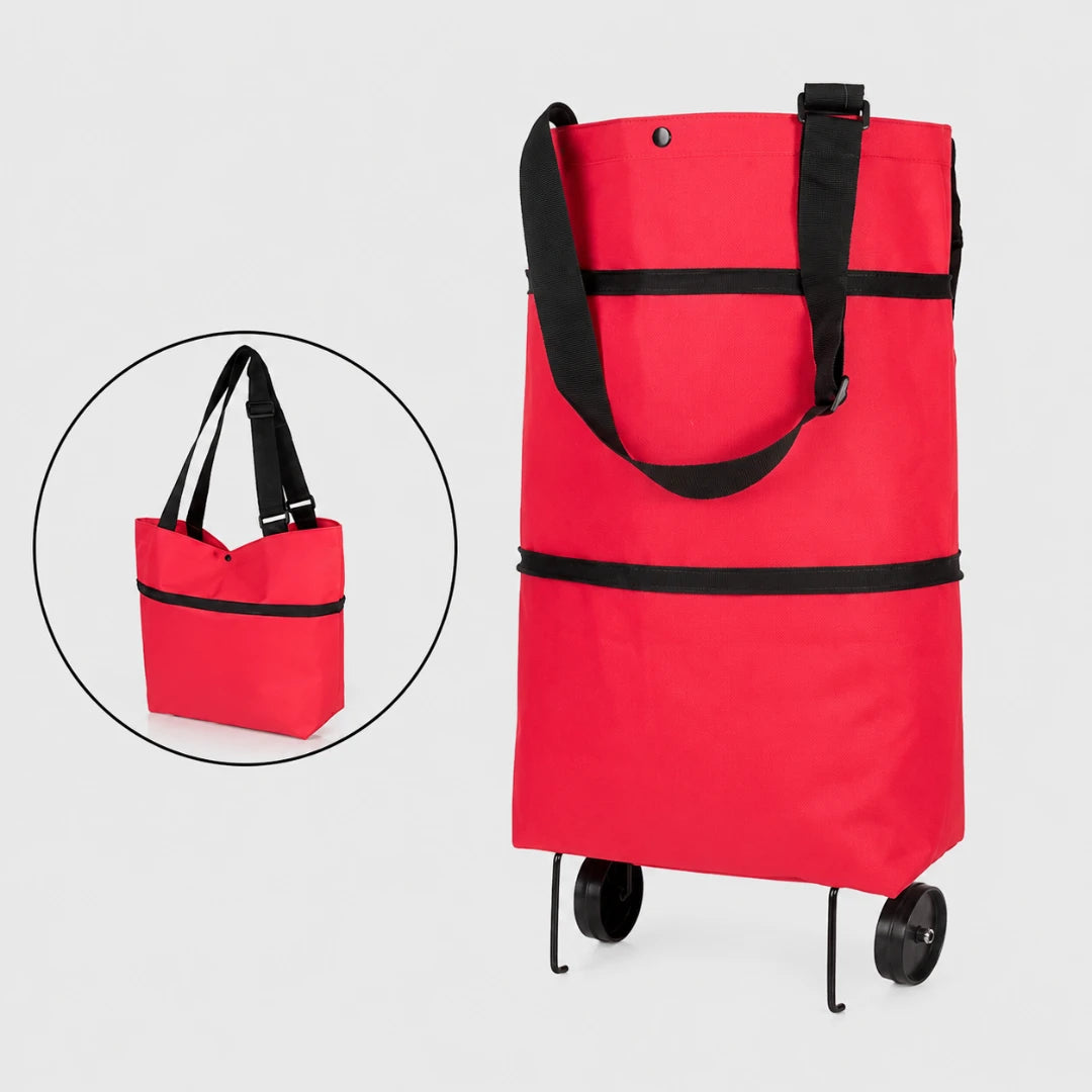 Josh & Tate - ReusableCart™ Foldable Shopping Bag - Red wheeled shopping tote bag with black handles and black horizontal trim, shown on a light gray background with a circular inset of the folded version.