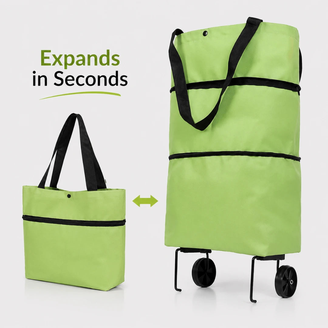 Josh & Tate - ReusableCart™ Foldable Shopping Bag - A bright lime green rolling shopping tote bag with black handles and black trim, shown both folded and expanded with wheels. Text on the image reads 'Expands in Seconds' with a green arrow and double-sided arrow between the two states.