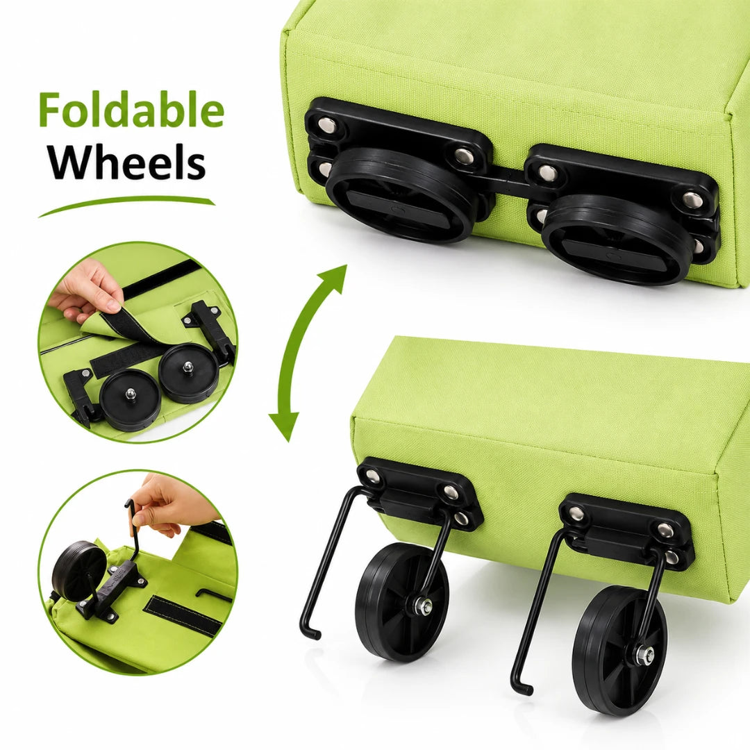 Josh & Tate - ReusableCart™ Foldable Shopping Bag - A lime green rectangular storage box or furniture piece shown with black foldable wheels, including a main product view, two circular inset close-ups of the wheel mechanism, and a green arrow indicating folding. Text on the left reads 'Foldable Wheels.