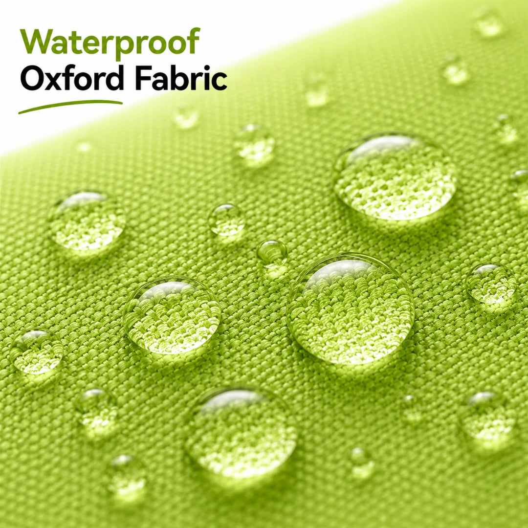 Josh & Tate - ReusableCart™ Foldable Shopping Bag - Close-up of a bright green textured fabric with water droplets on the surface and the words 'Waterproof Oxford Fabric' in the top left corner.