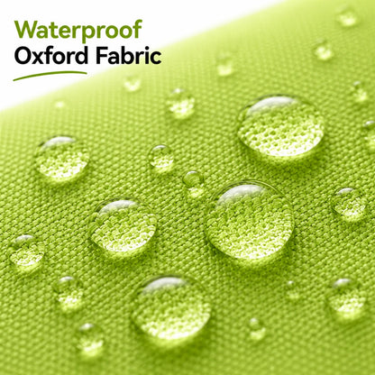Josh & Tate - ReusableCart™ Foldable Shopping Bag - Close-up of a bright green textured fabric with water droplets on the surface and the words 'Waterproof Oxford Fabric' in the top left corner.