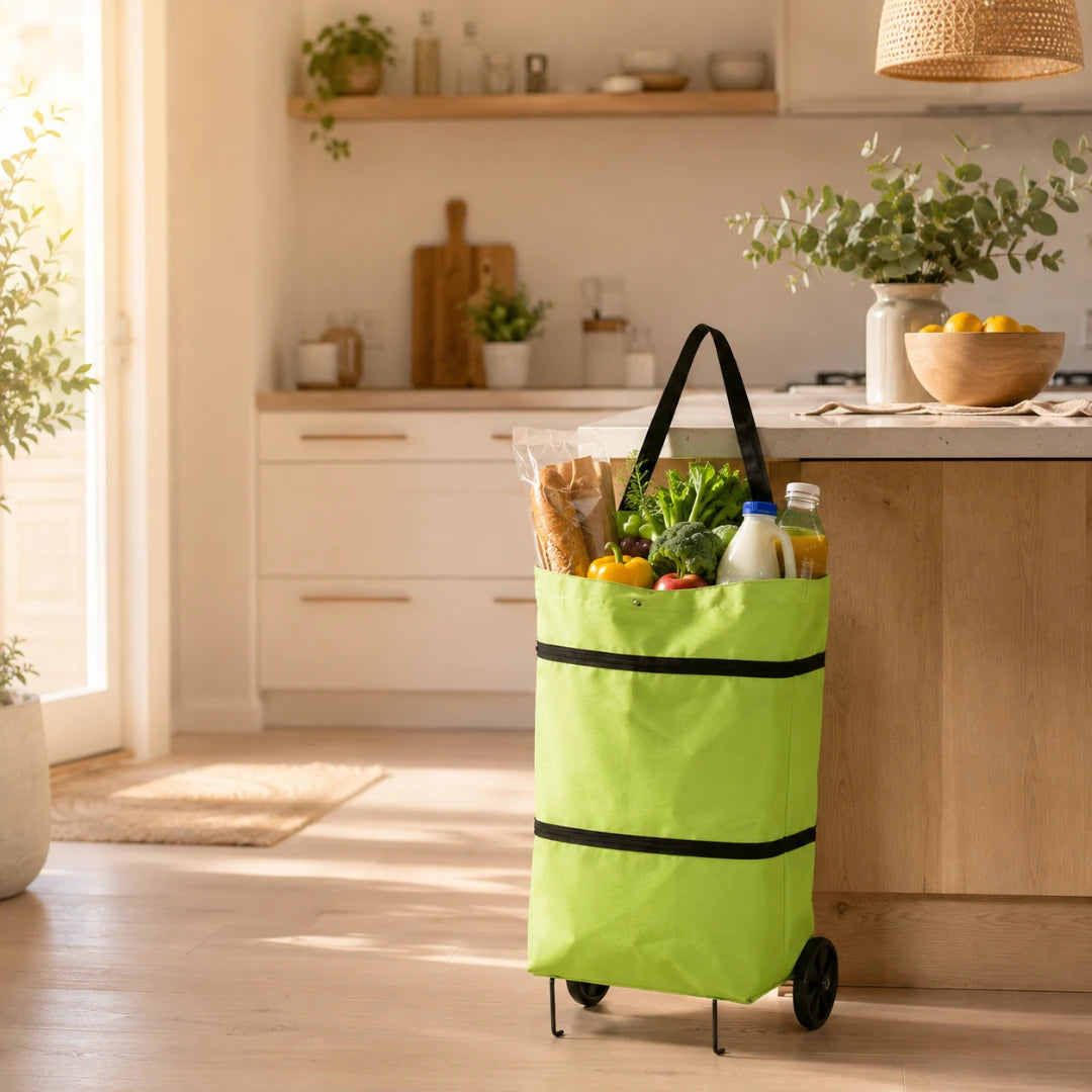 Josh & Tate - ReusableCart™ Foldable Shopping Bag - A bright lime green fabric rolling grocery tote bag with black handles and black trim, filled with groceries, standing in a sunlit modern kitchen.