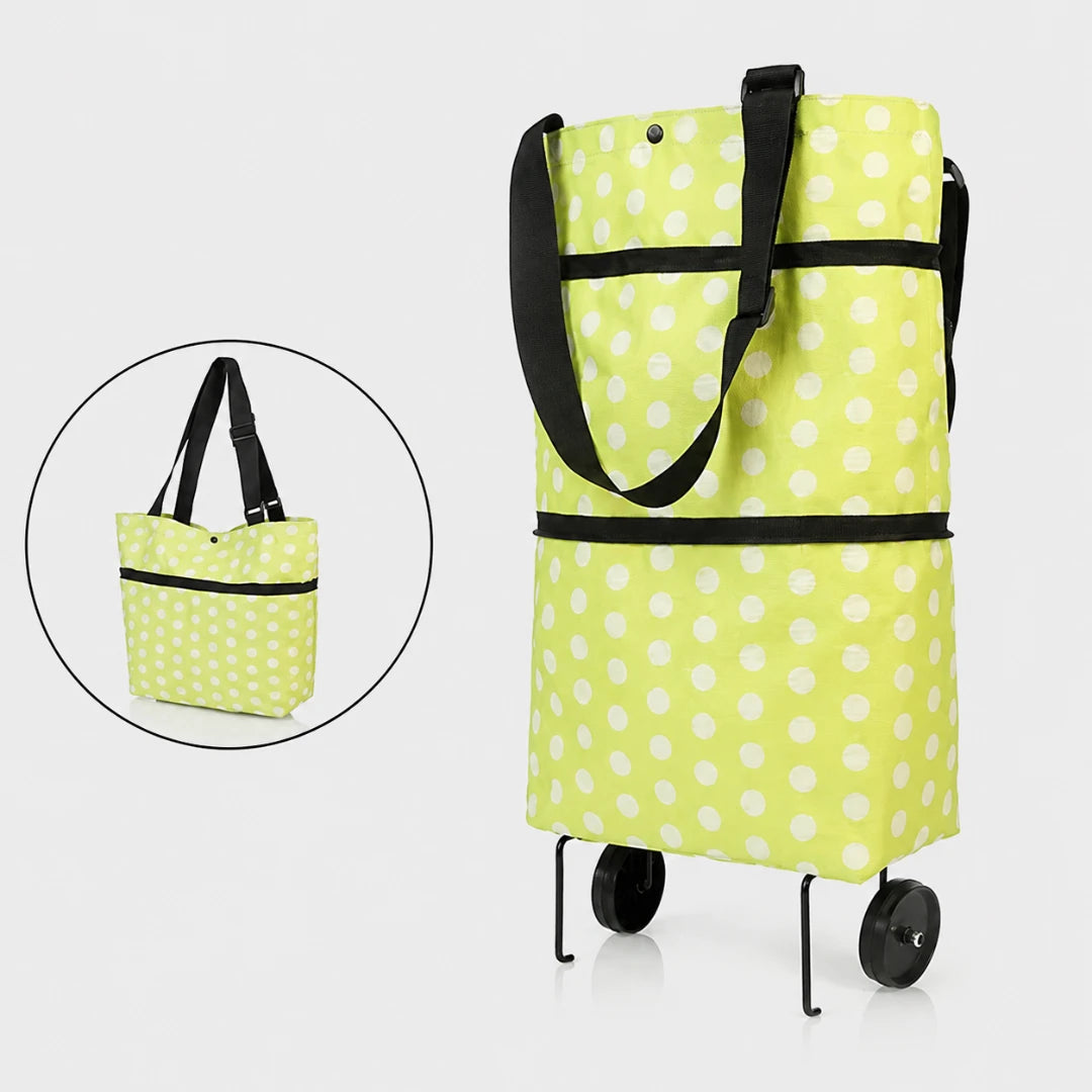 Josh & Tate - ReusableCart™ Foldable Shopping Bag - A lime green and white polka dot rolling shopping tote bag with black handles and wheels, shown on a light gray background with a circular inset showing the bag folded flat.