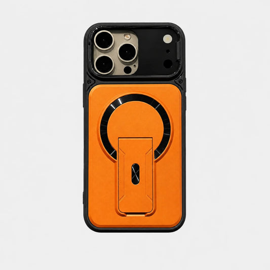 Josh & Tate - RingArmor™ MagSafe iPhone Case - An orange and black protective phone case with a built-in kickstand and MagSafe ring, shown on a light gray background.