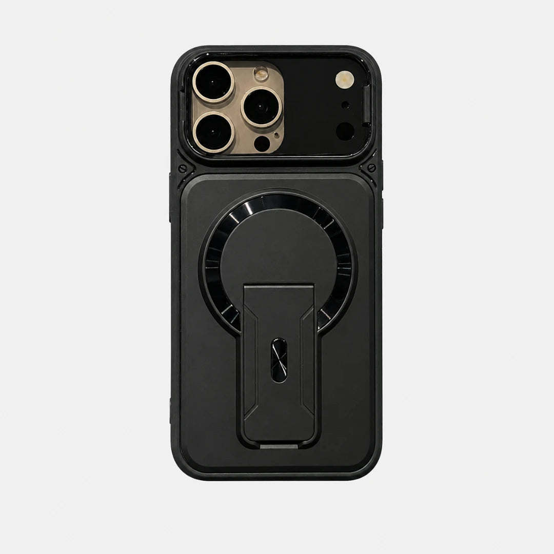 Josh & Tate - RingArmor™ MagSafe iPhone Case - A black rugged phone case with an integrated MagSafe ring and kickstand, shown on a light gray background.
