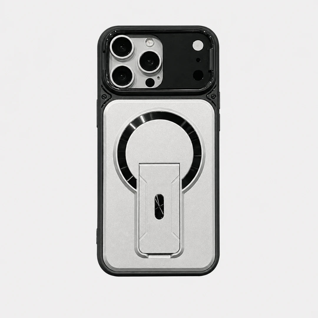 Josh & Tate - RingArmor™ MagSafe iPhone Case - A protective phone case with a black bumper and a silver magnetic ring holder on the back, shown on a light gray background.