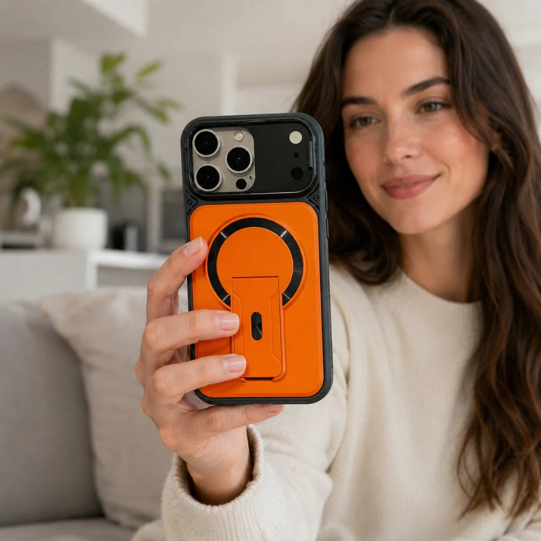 Josh & Tate - RingArmor™ MagSafe iPhone Case - A woman holding a smartphone with an orange and black MagSafe-compatible protective case in a bright, modern living room setting.
