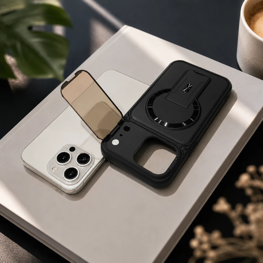 Josh & Tate - RingArmor™ MagSafe iPhone Case - A black protective phone case with a built-in kickstand and circular magnetic ring, shown resting on a light-colored book next to a smartphone. The scene is styled with a coffee cup, a green monstera leaf, and dried flowers in the background.