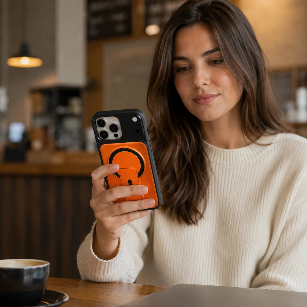 Josh & Tate - RingArmor™ MagSafe iPhone Case - A woman in a cream ribbed sweater holds a smartphone in a cafe setting. The phone case is black with a prominent bright orange backplate featuring a black circular graphic.