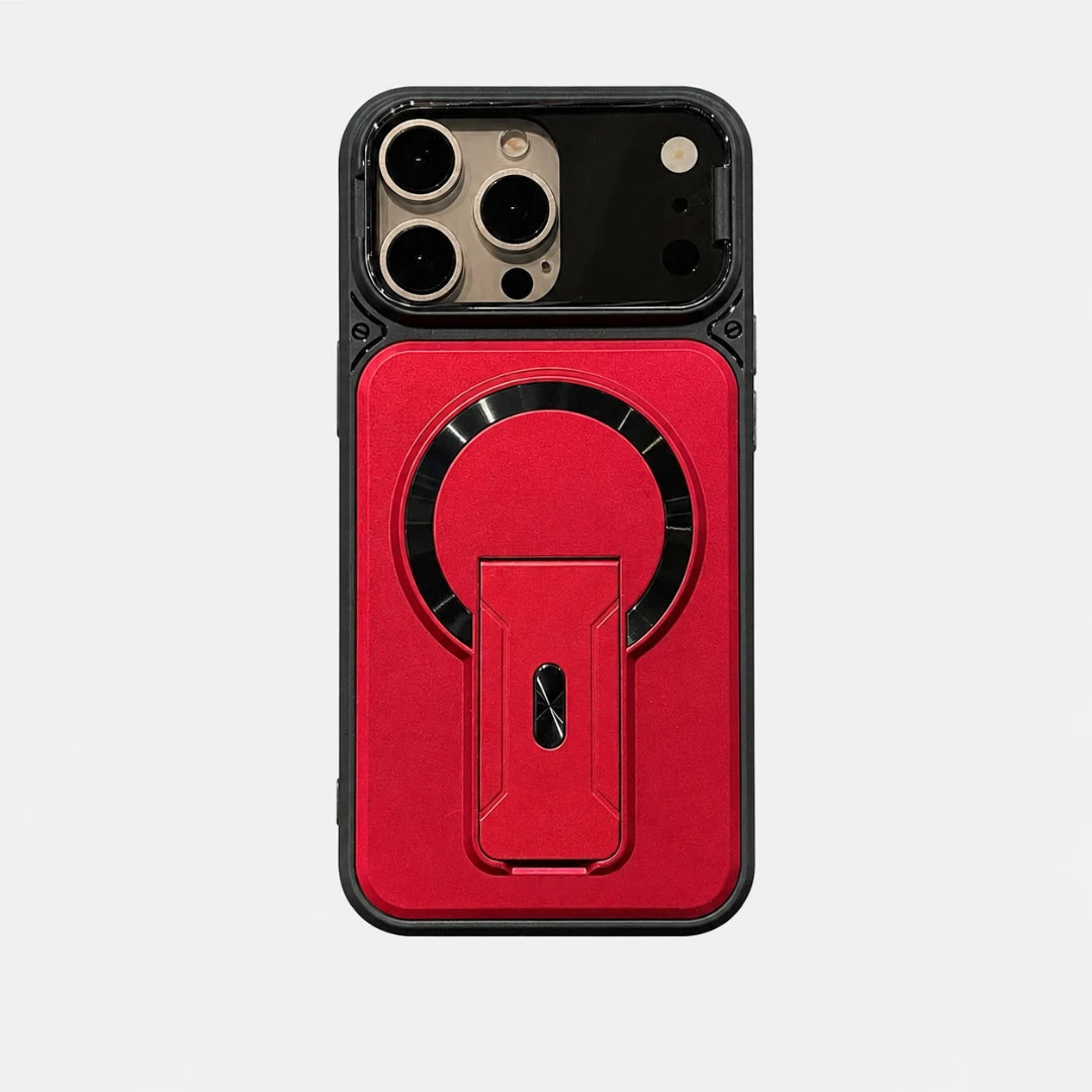 Josh & Tate - RingArmor™ MagSafe iPhone Case - A red and black protective phone case with a built-in kickstand, shown on a light gray background.