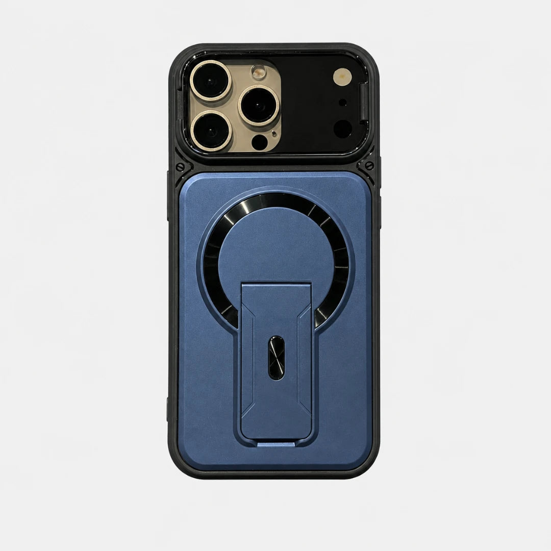 Josh & Tate - RingArmor™ MagSafe iPhone Case - A blue and black protective phone case with a built-in kickstand, shown on a light gray background.