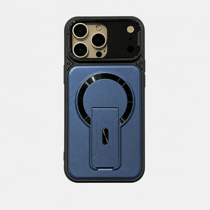 Josh & Tate - RingArmor™ MagSafe iPhone Case - A blue and black protective phone case with a built-in kickstand, shown on a light gray background.