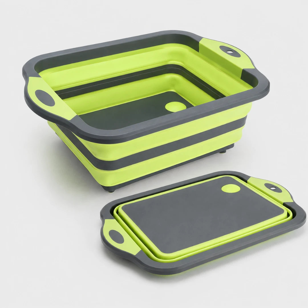 Josh & Tate - RinseFold™ Cutting & Drain Board - A collapsible rectangular folding tub shown open with its matching lid placed in front on a light gray studio background. The product is lime green with dark gray trim and handles.