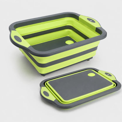 Josh & Tate - RinseFold™ Cutting & Drain Board - A collapsible rectangular folding tub shown open with its matching lid placed in front on a light gray studio background. The product is lime green with dark gray trim and handles.