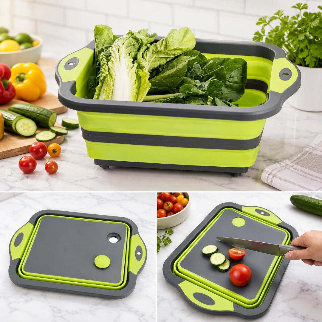 Josh & Tate - RinseFold™ Cutting & Drain Board - Collapsible rectangular cutting and washing tray in bright lime green and dark gray, shown filled with leafy greens, plus two smaller views showing the lid and the tray being used as a cutting board with a knife.