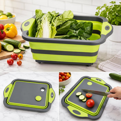Josh & Tate - RinseFold™ Cutting & Drain Board - Collapsible rectangular cutting and washing tray in bright lime green and dark gray, shown filled with leafy greens, plus two smaller views showing the lid and the tray being used as a cutting board with a knife.