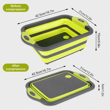 Josh & Tate - RinseFold™ Cutting & Drain Board - A collapsible rectangular plastic container shown on a light gray background with dimension arrows and labels reading 'Before compression' and 'After compression.' The product is bright yellow-green with dark gray sides and handles, and the image explains how much the size changes when folded.