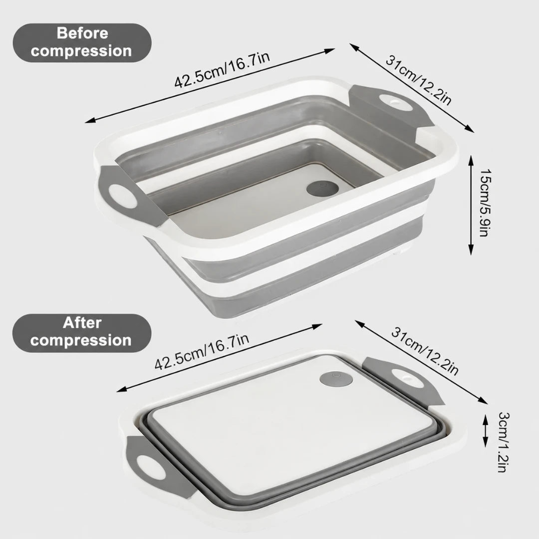 Josh & Tate - RinseFold™ Cutting & Drain Board - A collapsible rectangular container shown in two states on a light gray background: expanded at the top labeled 'Before compression' and compressed flat at the bottom labeled 'After compression.' The image includes dimension arrows and measurements for width, length, and height, making it an auxiliary explanatory image rather than a plain product photo.