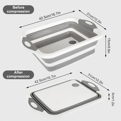 Josh & Tate - RinseFold™ Cutting & Drain Board - A collapsible rectangular container shown in two states on a light gray background: expanded at the top labeled 'Before compression' and compressed flat at the bottom labeled 'After compression.' The image includes dimension arrows and measurements for width, length, and height, making it an auxiliary explanatory image rather than a plain product photo.