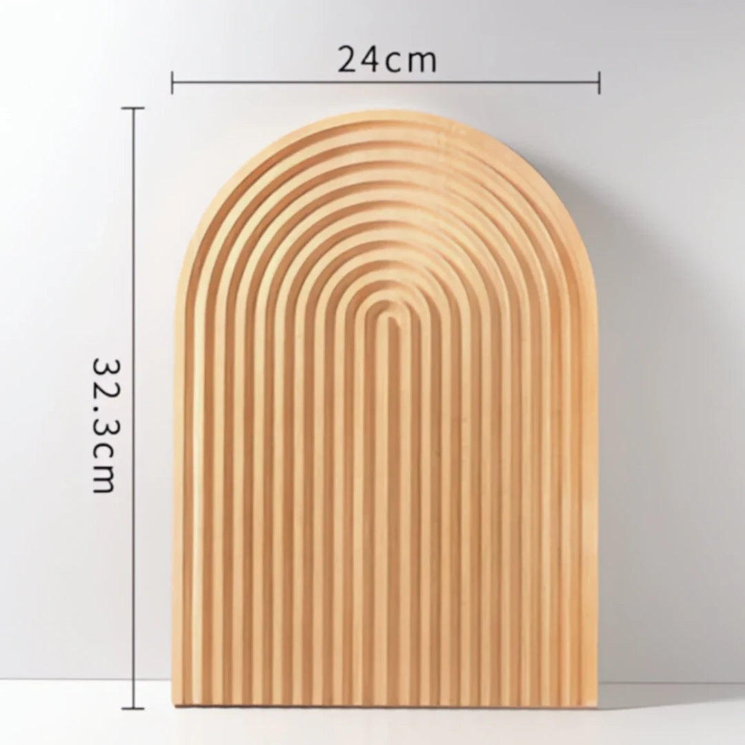 Josh & Tate - Ripple Wave Wooden Serving Tray - Wooden arch-shaped cutting board with measurements on a white background