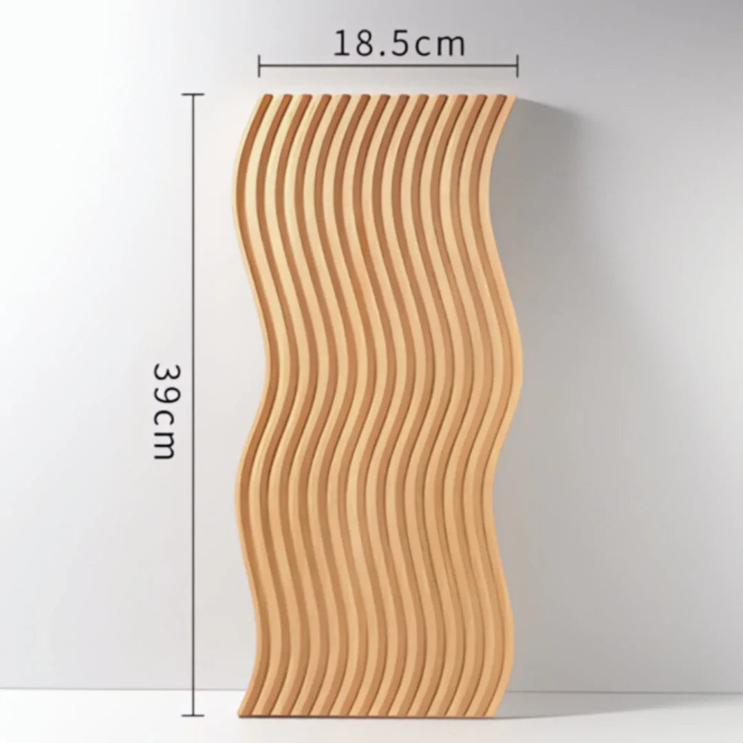 Josh & Tate - Ripple Wave Wooden Serving Tray - Wooden wave-patterned product with measurements on a white background