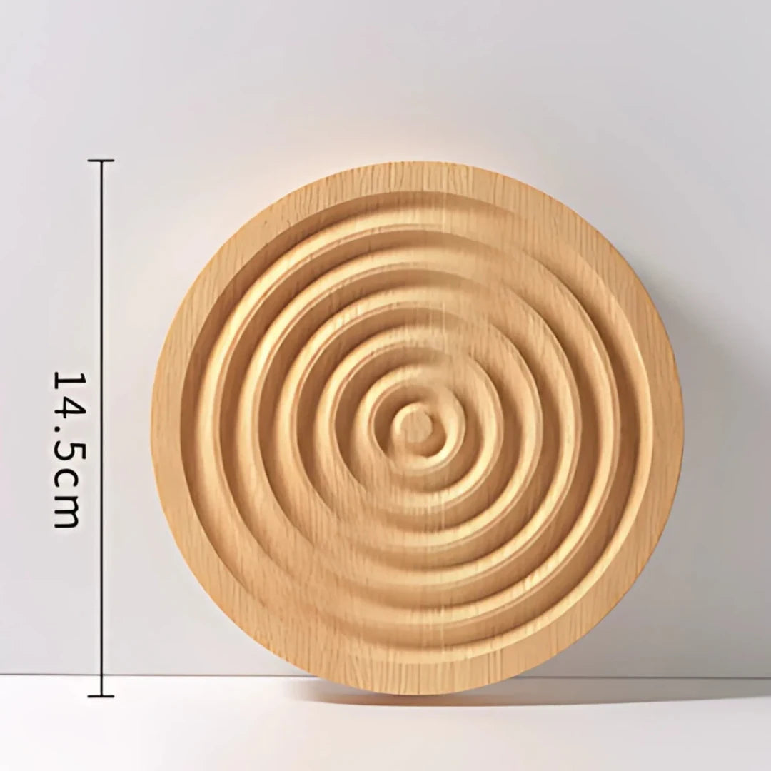 Josh & Tate - Ripple Wave Wooden Serving Tray - Wooden plate with concentric circle pattern and measurements on a white background