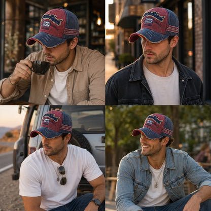 Josh & Tate - RockShank™ 1969 Baseball Cap - A four-panel collage showing a man wearing a distressed trucker cap in different outdoor and casual settings. The cap has a faded red and blue front panel with a western-style logo patch and mesh back.