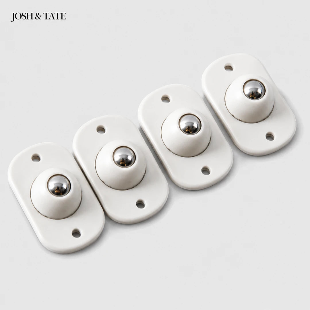 Josh & Tate - RollEase™ Universal Furniture Casters - Four white wall sockets with metallic knobs on a light gray background, featuring the brand 'Josh & Tate'.