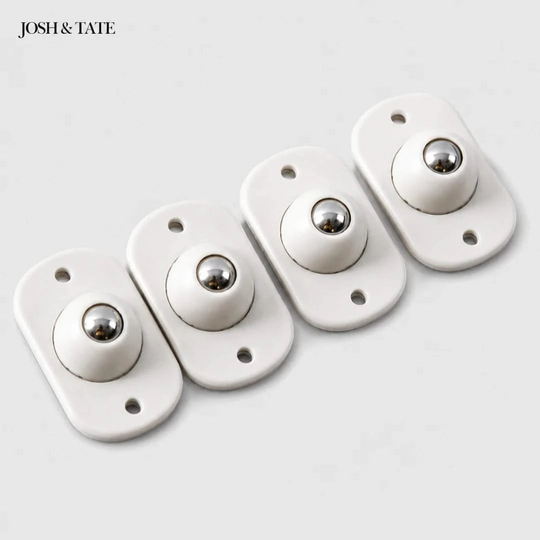 Josh & Tate - RollEase™ Universal Furniture Casters - Four white wall sockets with metallic knobs on a light gray background, featuring the brand 'Josh & Tate'.