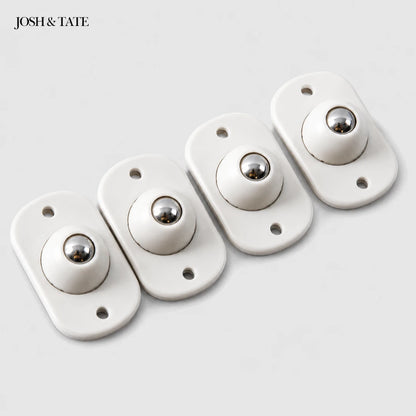 Josh & Tate - RollEase™ Universal Furniture Casters - Four white wall sockets with metallic knobs on a light gray background, featuring the brand 'Josh & Tate'.