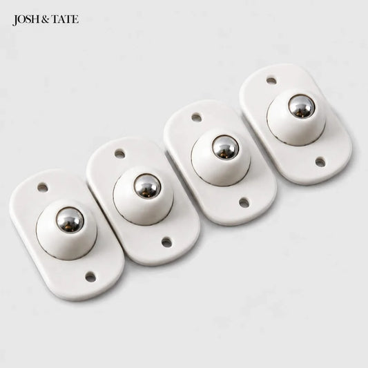 Josh & Tate - RollEase™ Universal Furniture Casters - Four white wall sockets with metallic knobs on a light gray background, featuring the brand 'Josh & Tate'.