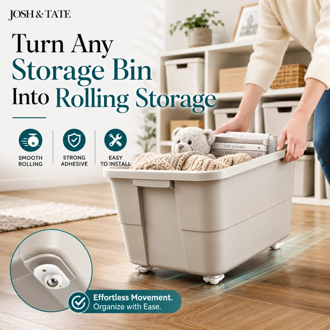 Josh & Tate - RollEase™ Universal Furniture Casters - Person using a rolling storage bin with teddy bear and blanket, in a home setting.