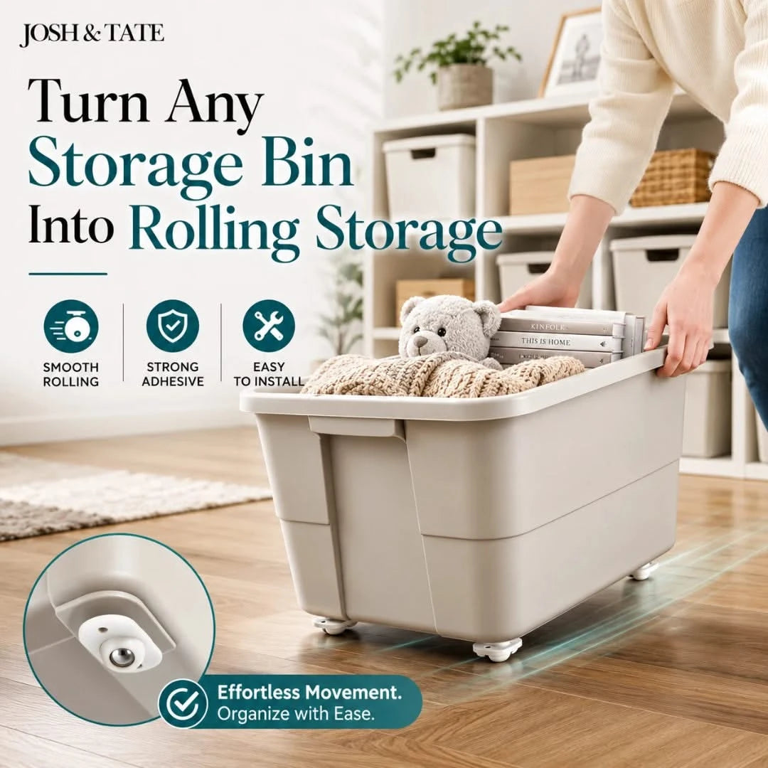 Josh & Tate - RollEase™ Universal Furniture Casters - Person using a rolling storage bin with teddy bear and blanket, in a home setting.