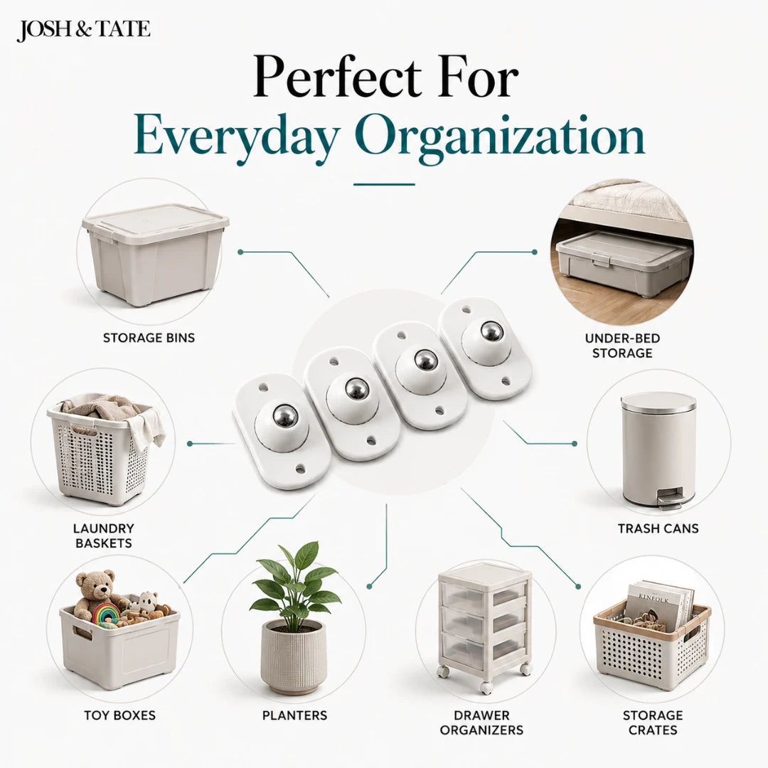 Josh & Tate - RollEase™ Universal Furniture Casters - Collection of storage and organization products with 'Josh & Tate' branding on a white background.