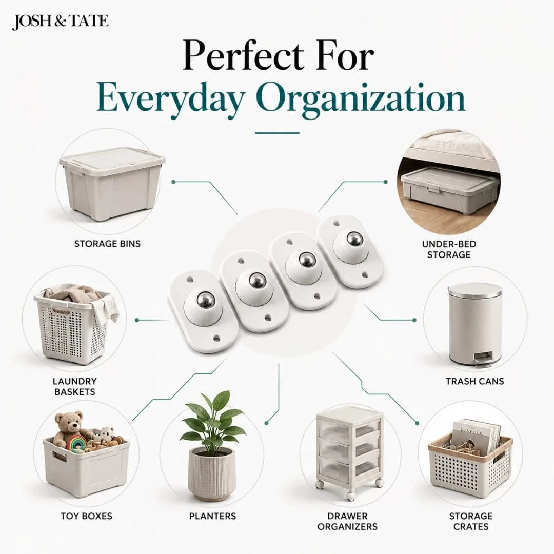 Josh & Tate - RollEase™ Universal Furniture Casters - Collection of storage and organization products with 'Josh & Tate' branding on a white background.
